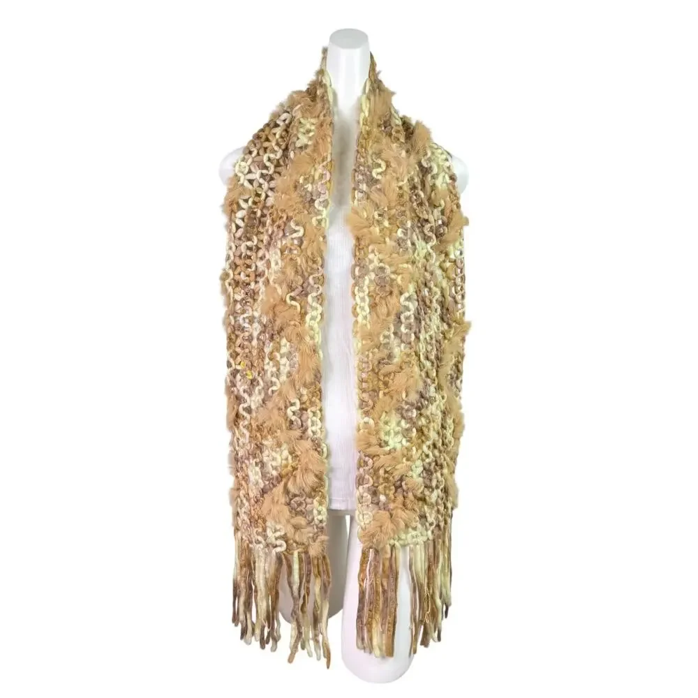 Pelle Nova Di Riviera Fur Fringe Knit Scarf Brown Tan Women's 75